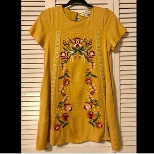 Davi Dani Dress Womens Large Yellow Lace Embroidered Floral Short Sleeve Pockets